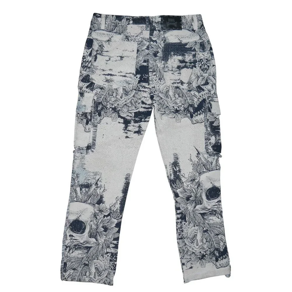 New Rebel Vengeance Skull Tapestry Cargo Pants Size 36x32 Goth Streetwear - Picture 4 of 9